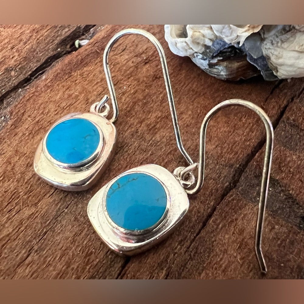 SU Thailand Earrings Blue Turquoise 925 Sterling Silver Mod Modern Dainty Hooks